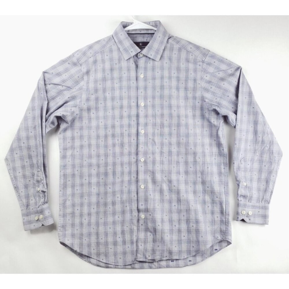 Hart Schaffner Marx Shirt Mens Medium Blue White Plaid Long Sleeve 100% Cotton
